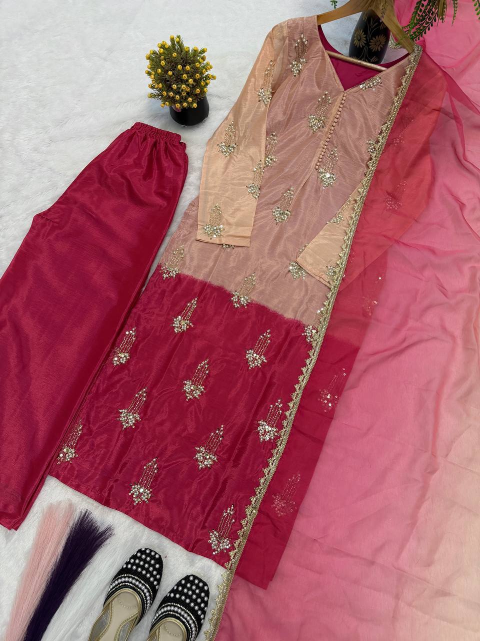 Modern Pearl-Drop Two-Tone Silk Suit